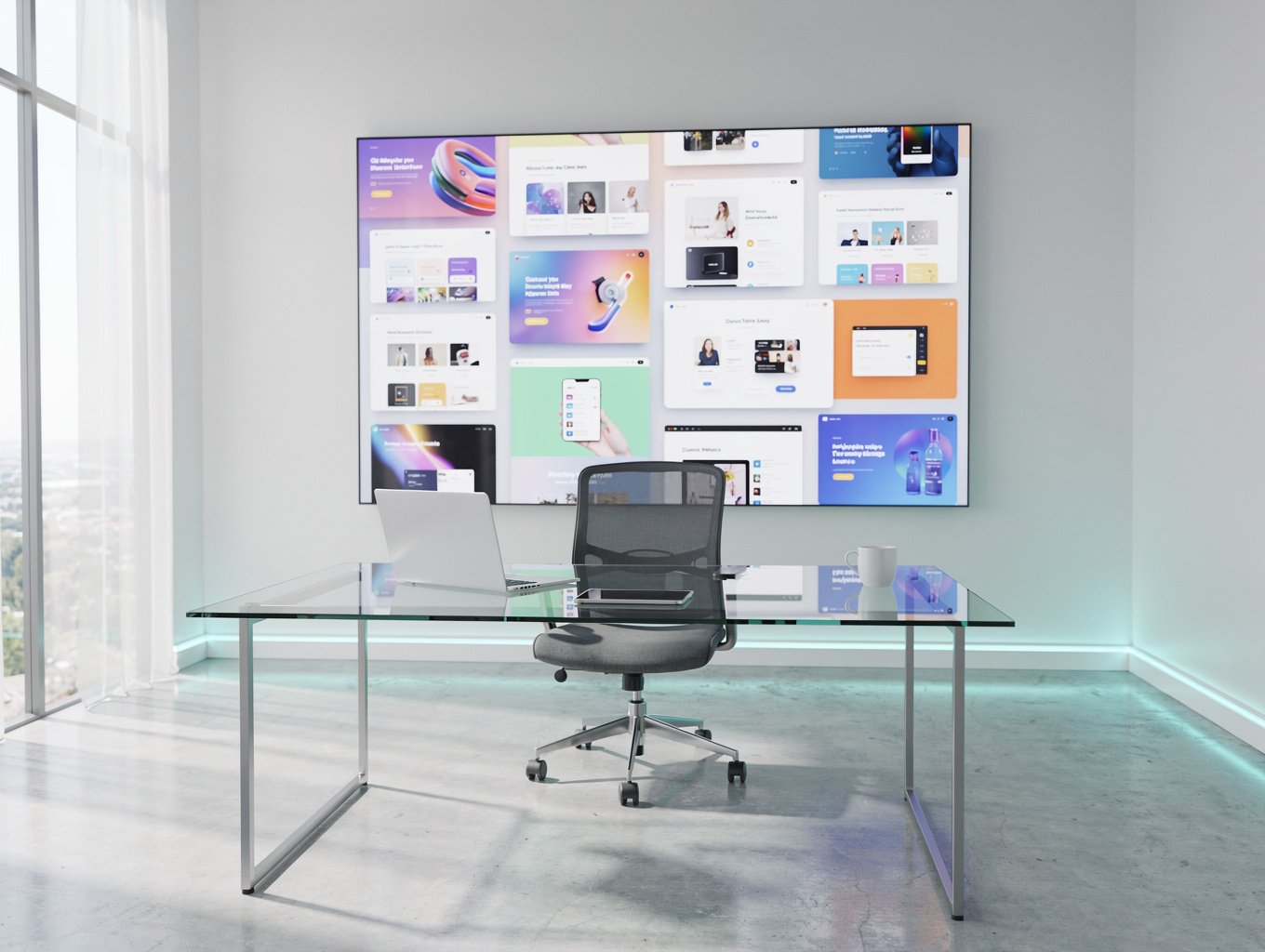 Modern digital agency workspace with clean UI design on screens