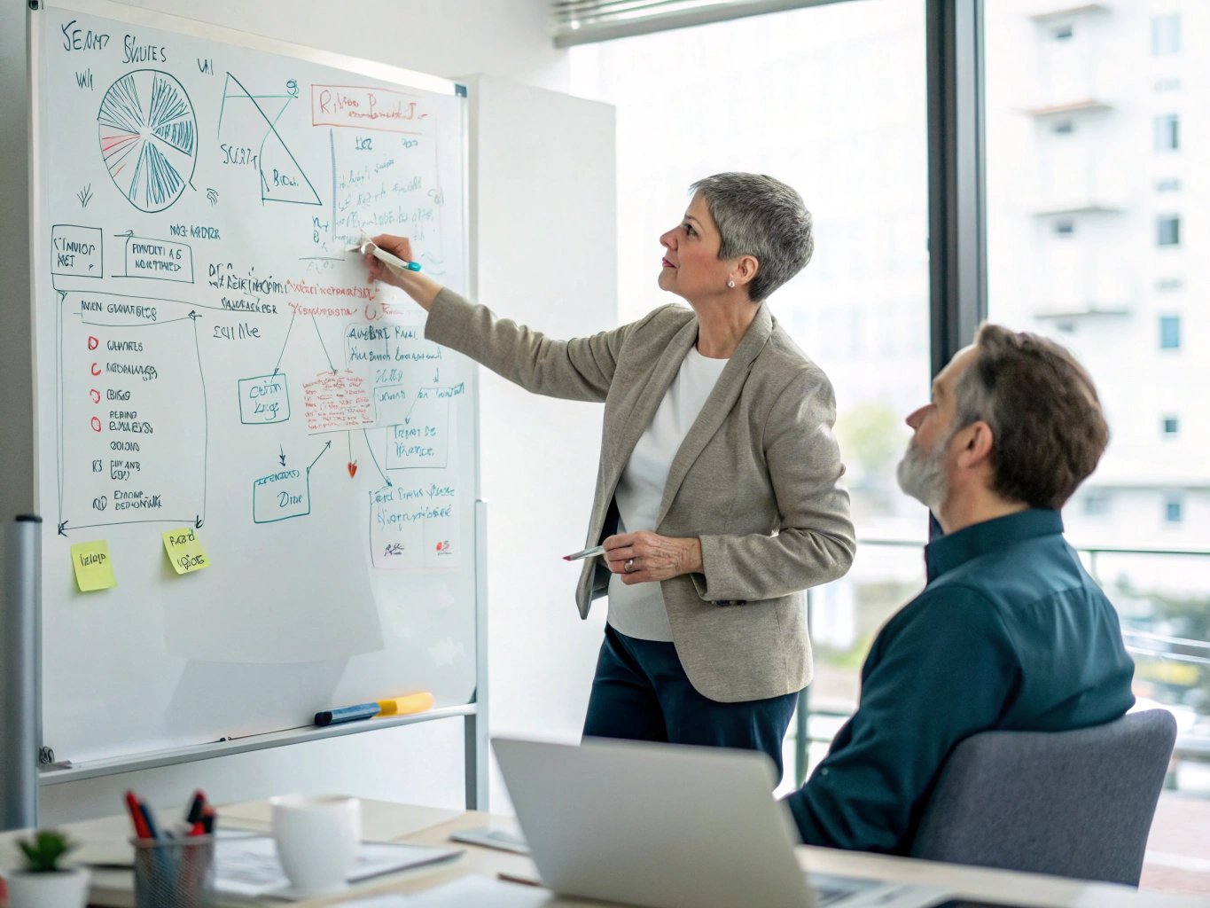 Consultant mapping out business workflow bottlenecks on a digital whiteboard