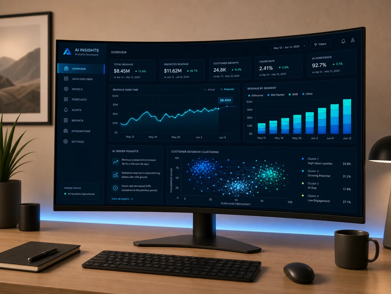 Strategic planning dashboard showing integrated AI and CRM workflow nodes